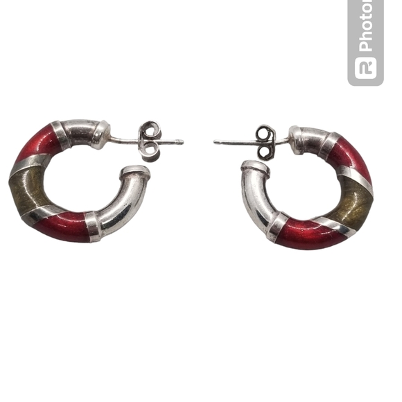 ALF SIGNED VINTAGE STERLING SILVER & MARBLED ENAMEL HUGGIE HOOP EARRINGS - Picture 3 of 4